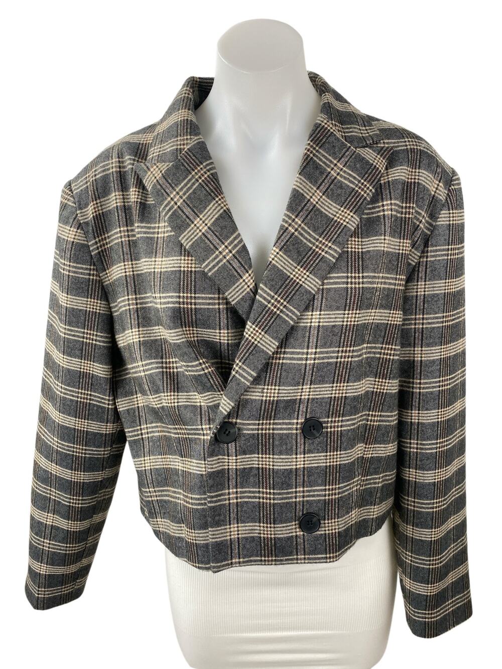 Oak + Fort Gray Plaid Check Notched Collar Long Sleeve Crop Blazer Coat Jacket M